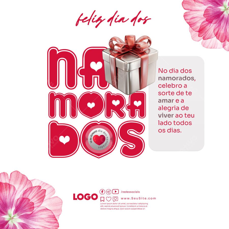 Post para Dia dos Namorados com Presente e Flores PSD Editável