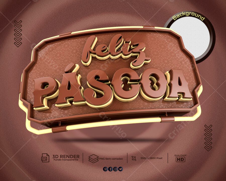 Letreiro 3D Feliz Páscoa Chocolate Dourado PSD Editável