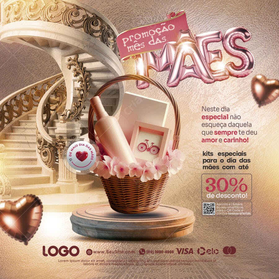 Flyer Promoção Mês das Mães com Presentes e 30% Desconto PSD Editável