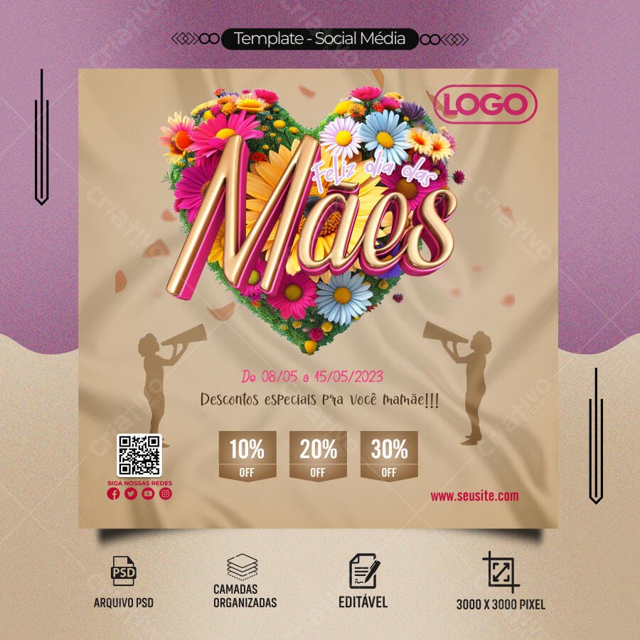 Post Social Mídia para Dia das Mães com Descontos e Flores PSD Editável