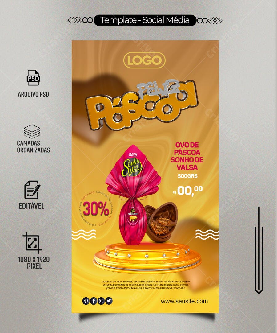 Flyer Páscoa Ovo Sonho de Valsa 30% Desconto PSD Editável