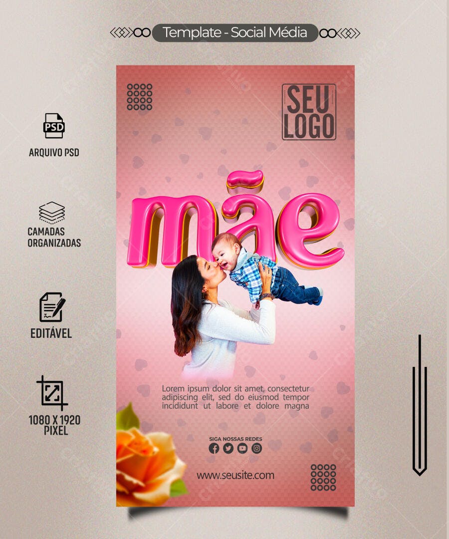 Post Instagram Dia das Mães com Mãe e Bebê PSD Editável