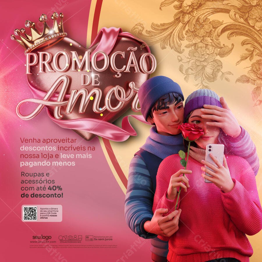 Post Promoção de Amor Casal com Rosa para Loja de Roupas PSD Editável
