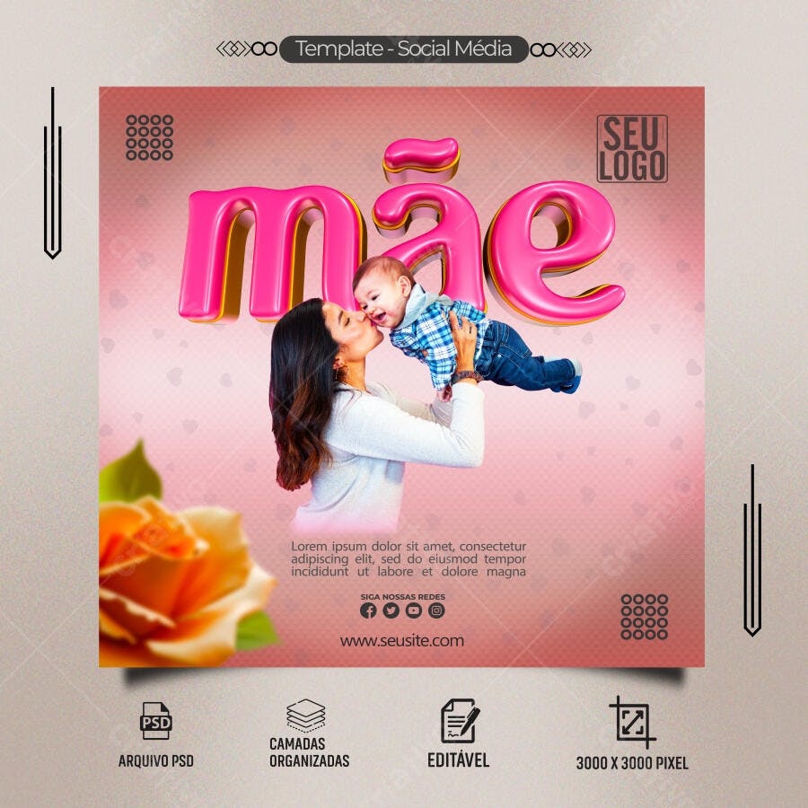 Flyer Social Mídia Dia das Mães Mãe e Bebê Amor Rosa PSD Editável