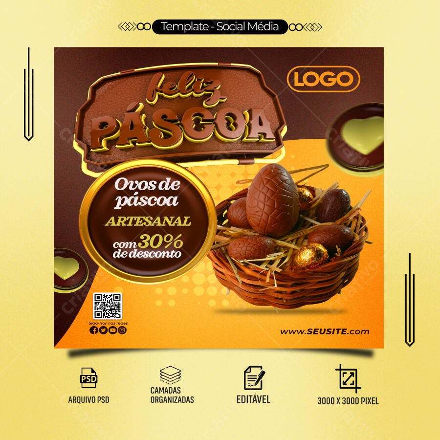 Flyer para Páscoa Ovos Artesanais 30% Desconto PSD Editável