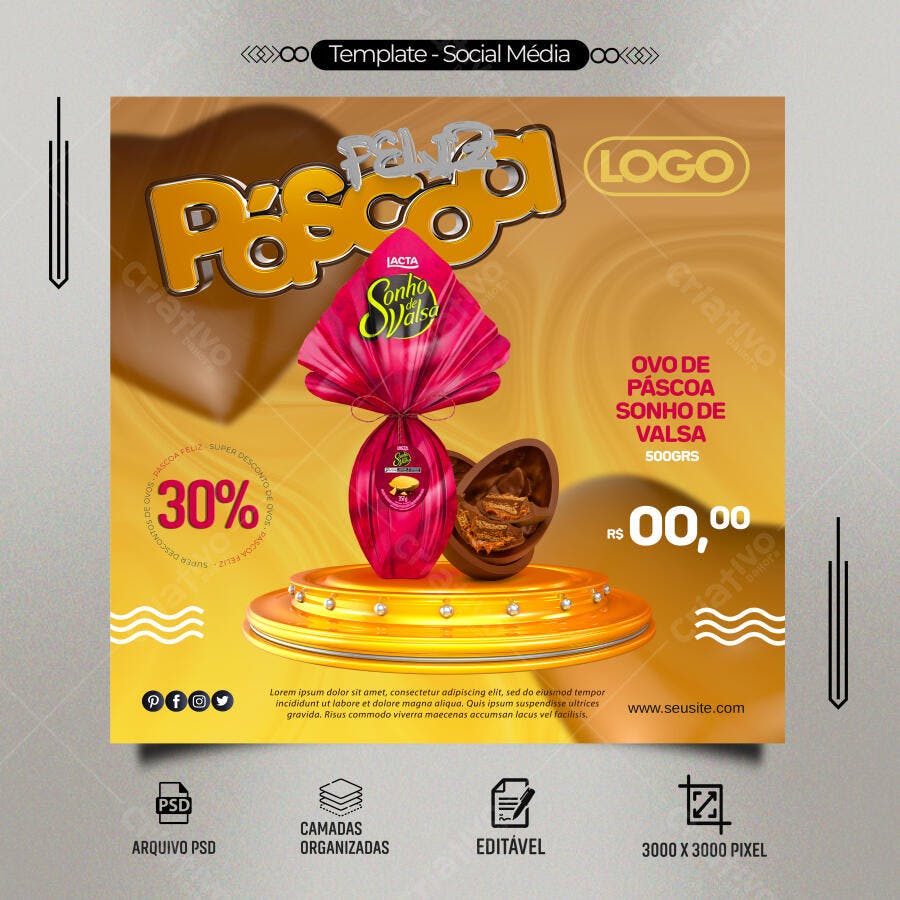 Post para Redes Sociais de Páscoa Sonho de Valsa PSD Editável