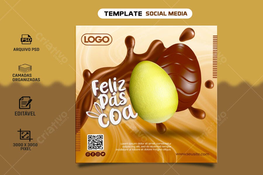 Post para Redes Sociais Feliz Páscoa com Ovos e Chocolate PSD Editável