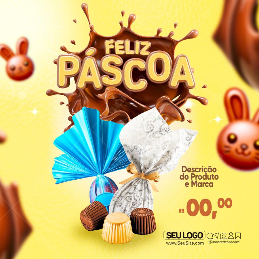 Flyer Feliz Páscoa Ovos de Chocolate e Trufas 3D PSD Editável