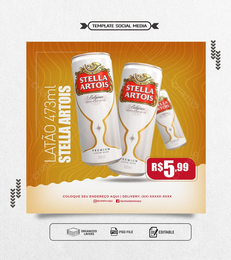 Flyer Cerveja Stella Artois Latão 473ml Promoção PSD Editável