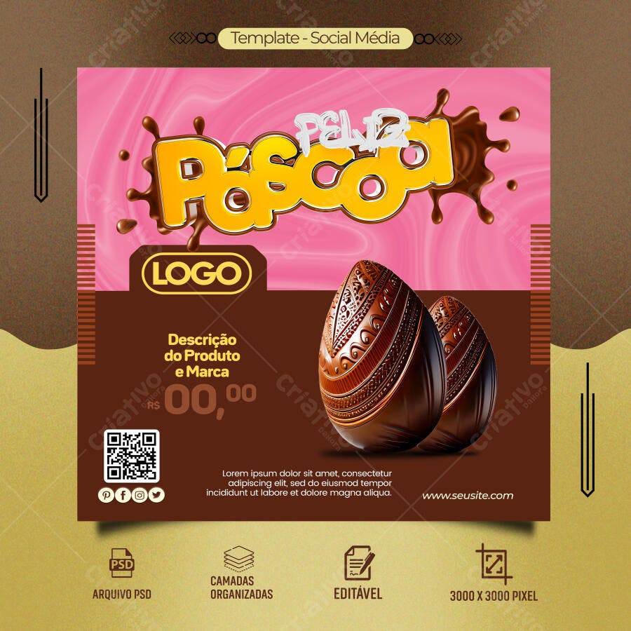 Post para Páscoa Ovos de Chocolate Fundo Rosa PSD Editável
