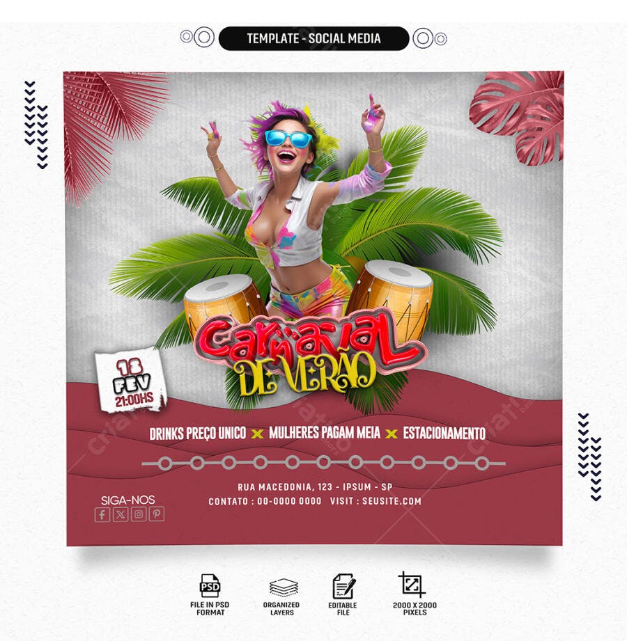 Post Social Mídia Carnaval de Verão com Mulher Dançando, Cabelo Colorido e Atabaques PSD Editável