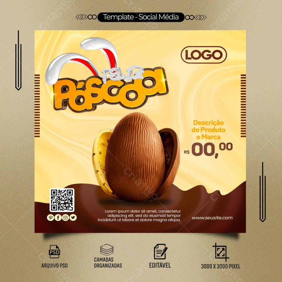 Post Feliz Páscoa com Ovo de Chocolate e Fundo Dourado PSD Editável