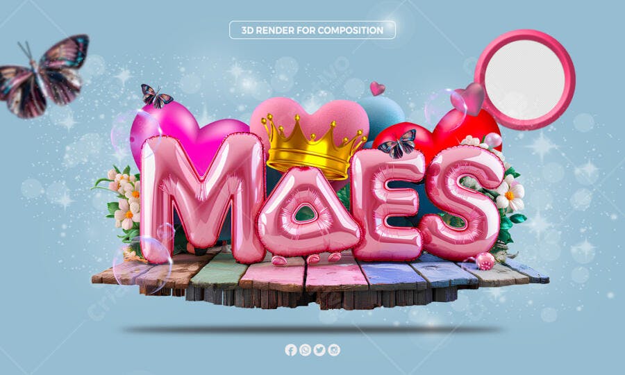 Flyer Dia das Mães Balões MÃES Coroa Dourada PSD Editável