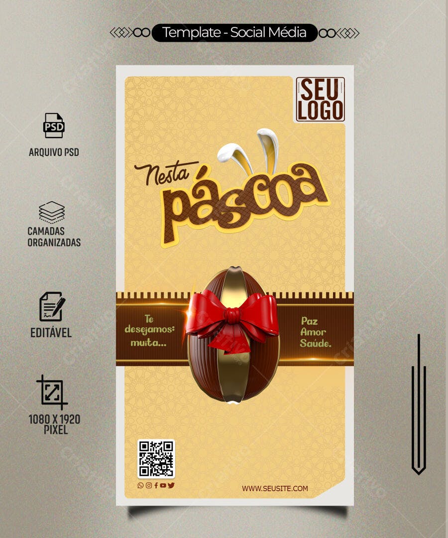 Post de Páscoa com Ovo Chocolate e Laço Vermelho PSD Editável