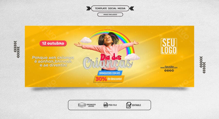 Post de Vendas Dia das Crianças com Menina Negra e Desconto PSD Editável