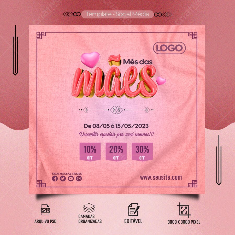 Post Social Mídia Mês das Mães Promoção Descontos PSD Editável