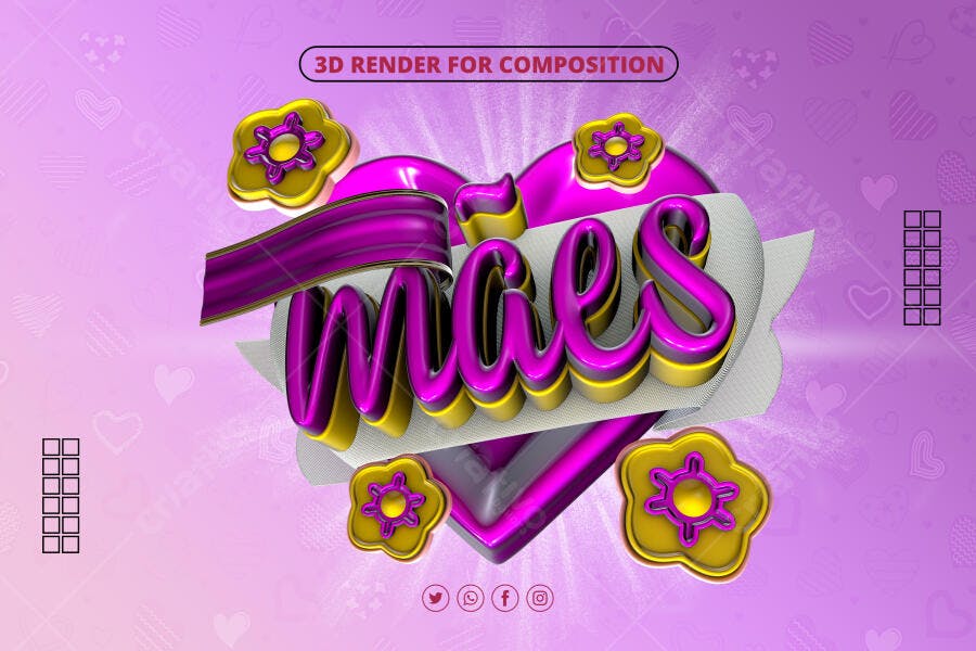 Post Redes Sociais Dia das Mães Coração 3D Rosa Dourado PSD Editável