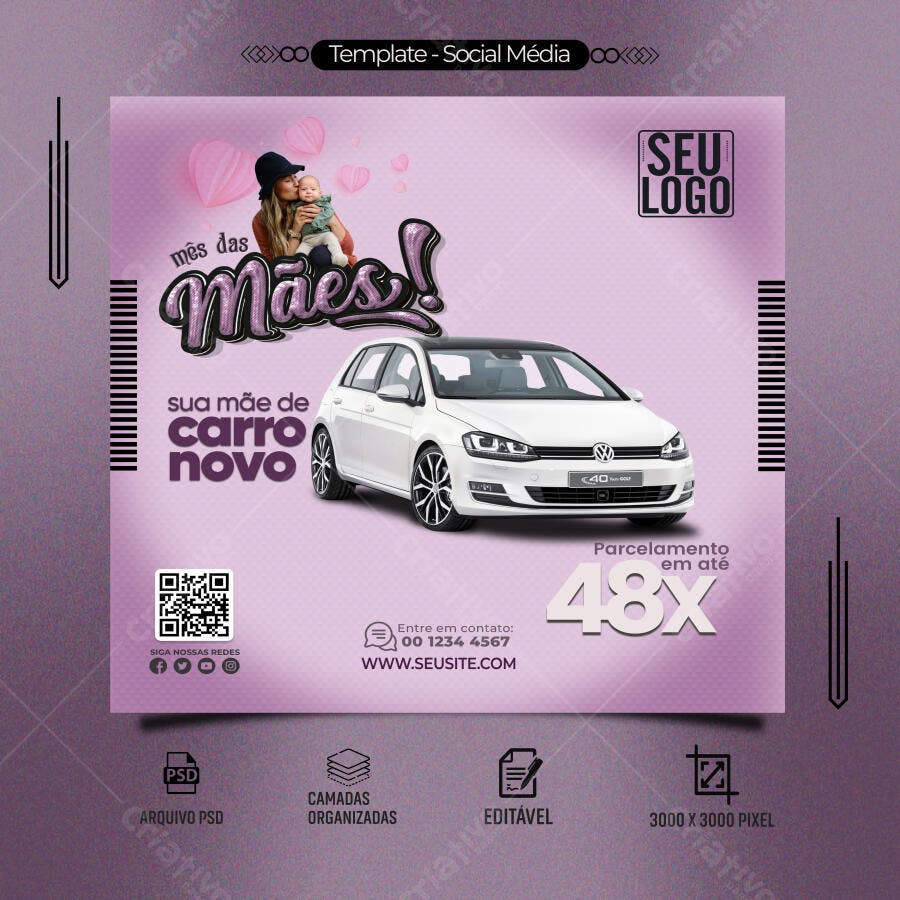 Flyer Mês das Mães Carro Novo Promoção Parcelamento 48x PSD Editável