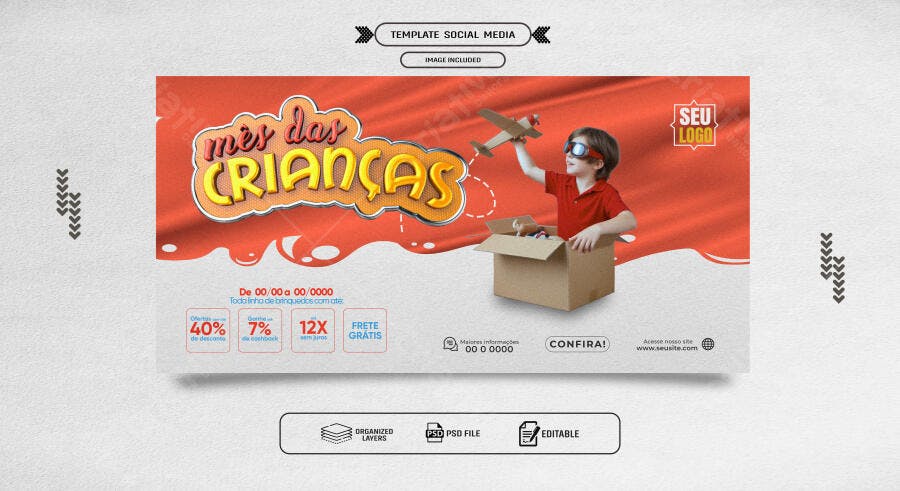Flyer Mês das Crianças com Menino Brincando de Avião PSD Editável