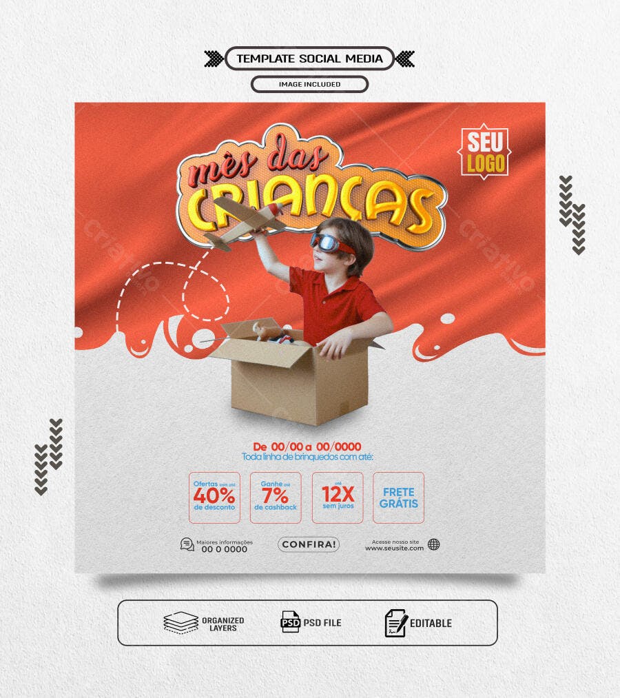 Flyer Ofertas Mês das Crianças Menino Avião Brinquedos PSD Editável