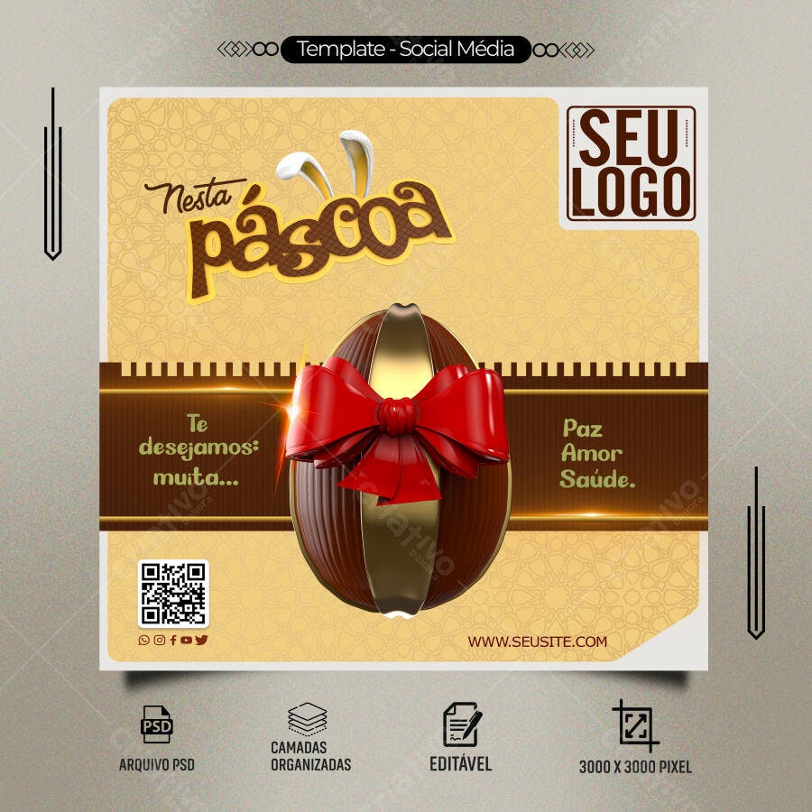 Arte Social Media Nesta Páscoa com Ovo Chocolate Laço Vermelho PSD Editável