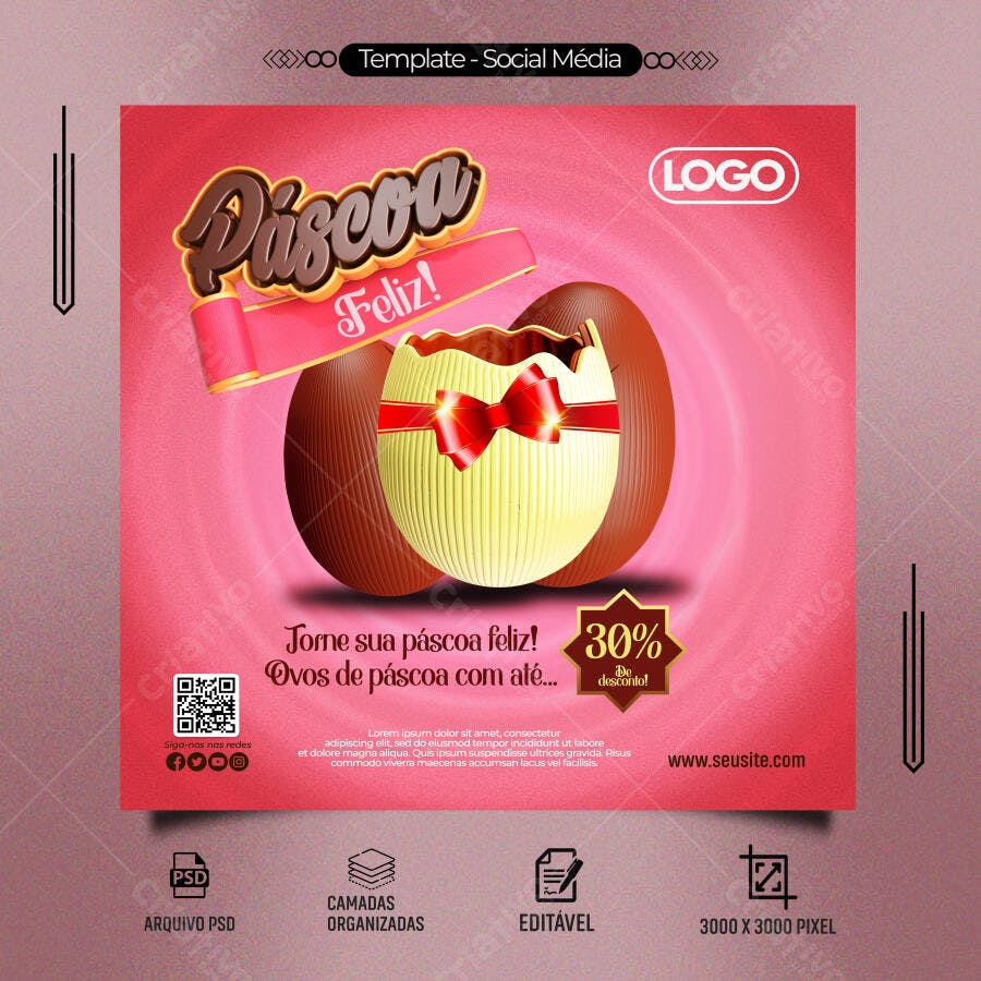 Flyer Páscoa Feliz com Ovos de Chocolate e Desconto PSD Editável