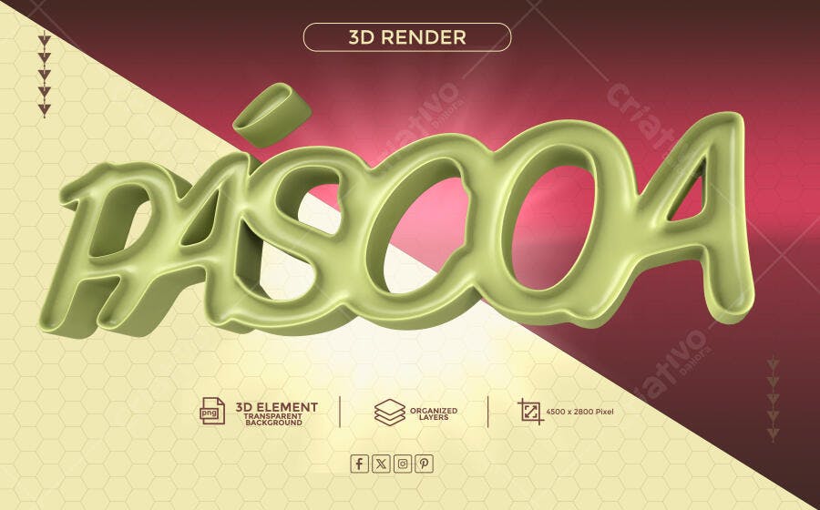 Letreiro 3D Páscoa Verde para Celebração Festiva PSD Editável