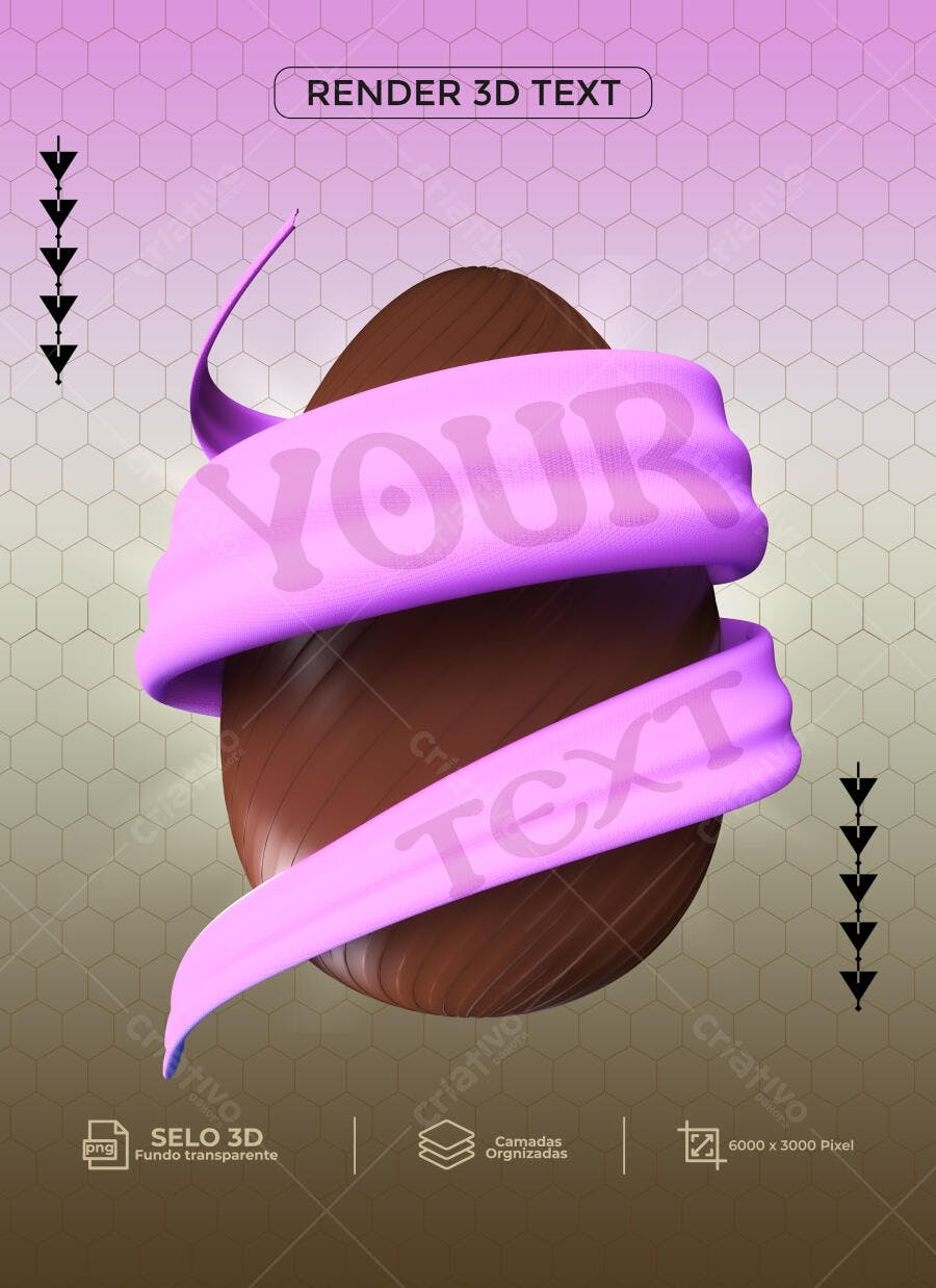 Render 3D Texto Ovo Páscoa Chocolate Fita Rosa PSD Editável