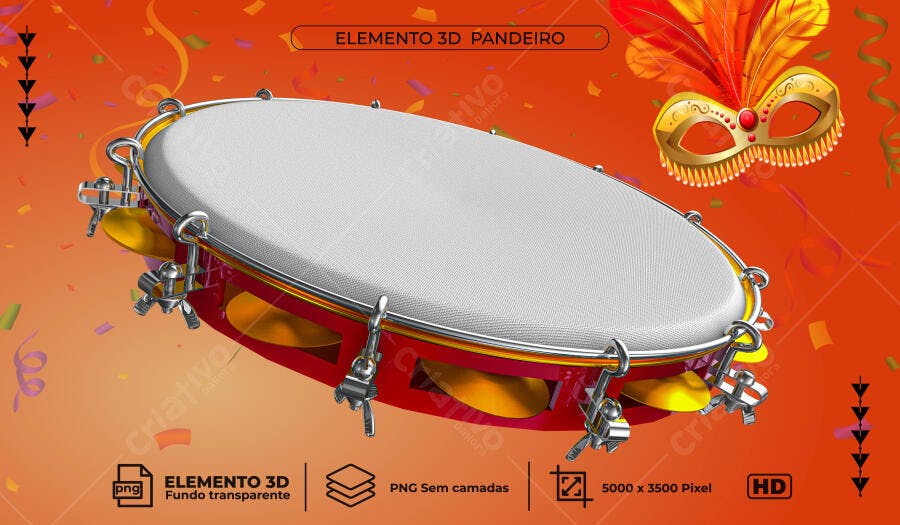 Elemento 3D Pandeiro para Festa Carnaval PSD Editável