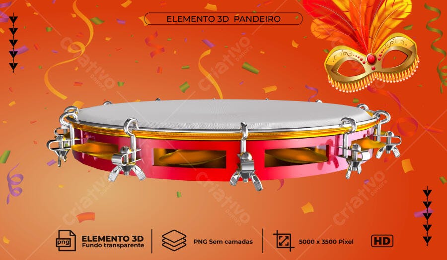 Elemento Gráfico 3D Pandeiro para Carnaval PSD Editável