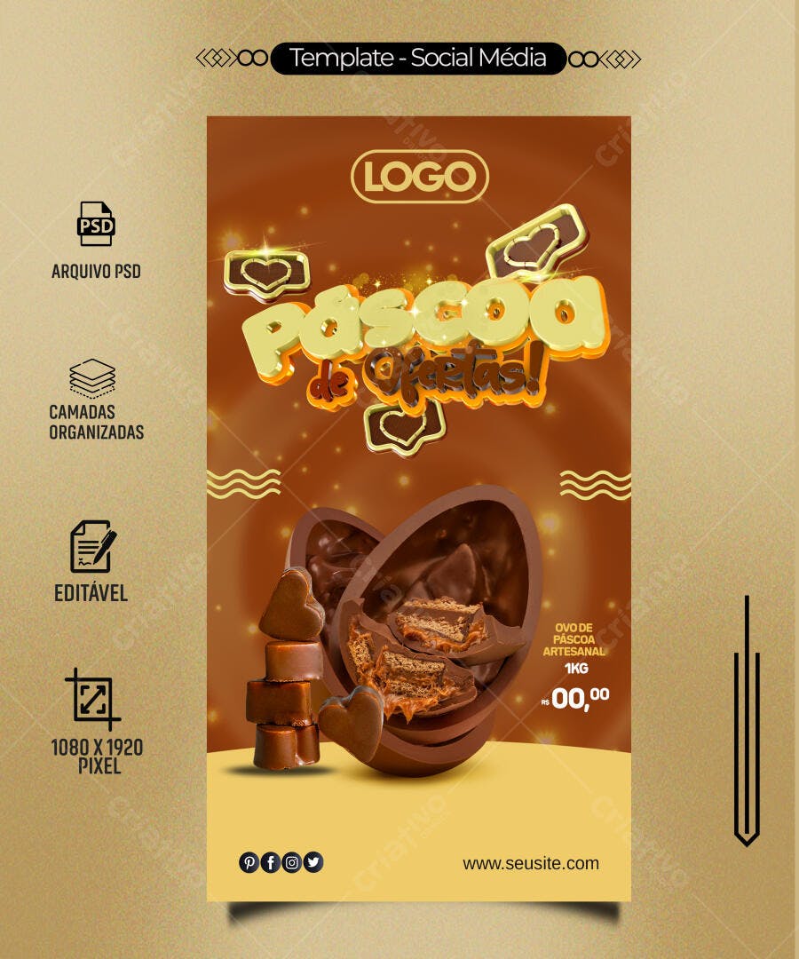 Post Social Mídia Páscoa de Ofertas Ovo Artesanal Chocolate PSD Editável