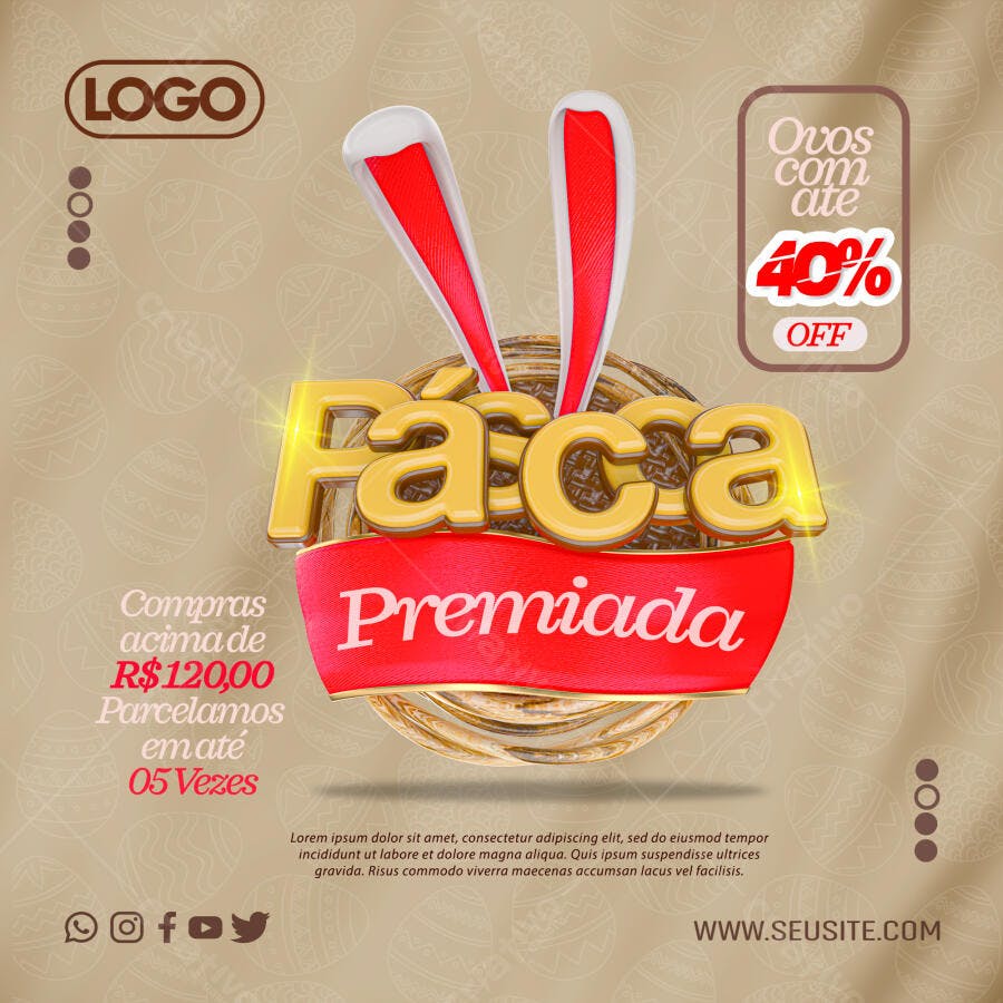 Post para Redes Sociais Páscoa Premiada com Ovos 40% OFF PSD Editável