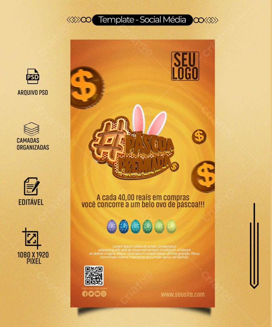 Flyer Páscoa Premiada com Ovos Coloridos e Promoção PSD Editável