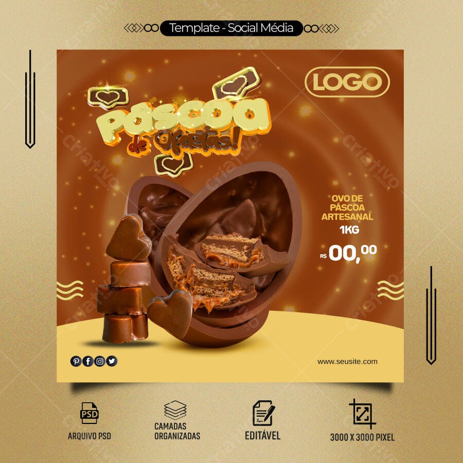 Flyer Páscoa de Ofertas Ovo de Chocolate Artesanal Doce PSD Editável