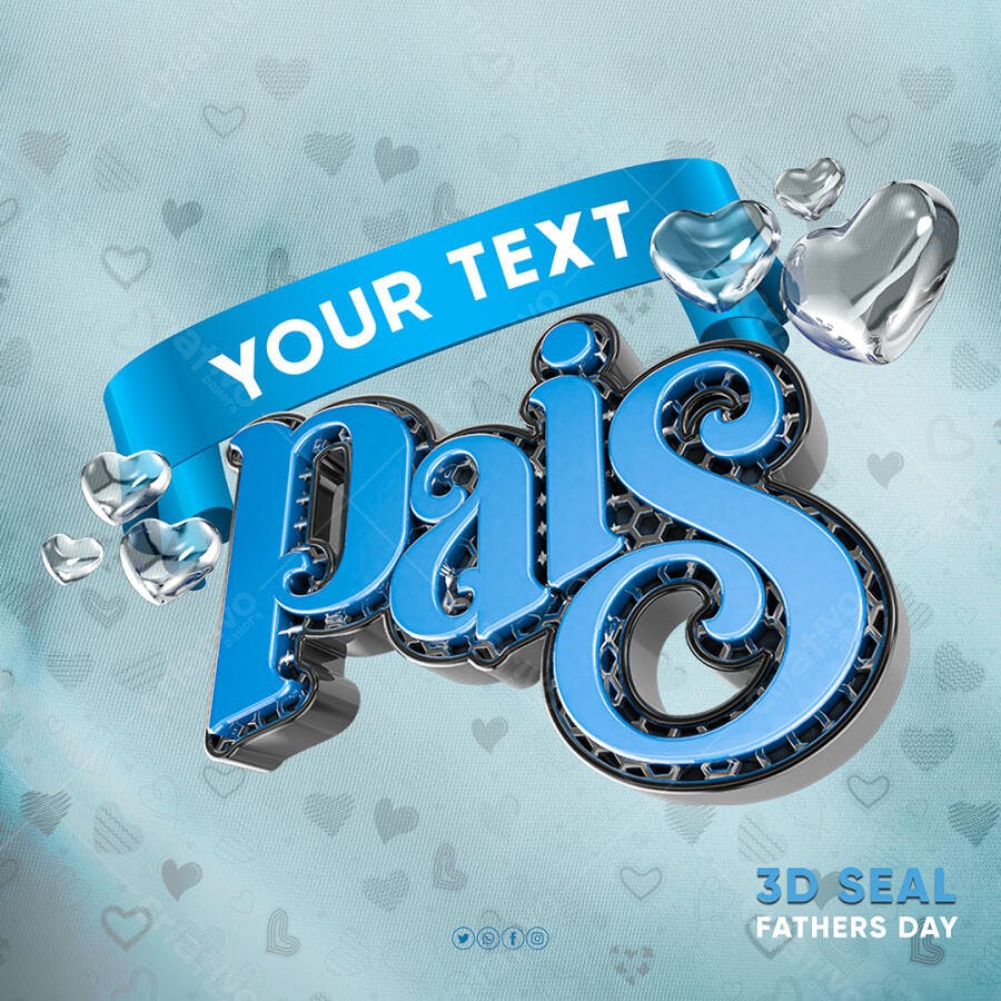 Título 3D Dia dos Pais Azul com Corações e Fita PSD Editável