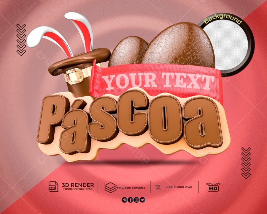 Gráfico 3D Páscoa Ovos Chocolate e Orelhas de Coelho YOUR TEXT PSD Editável