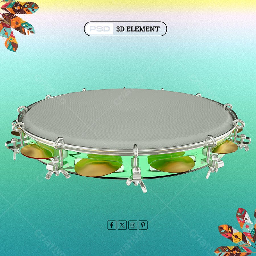 Elemento 3D Pandeiro para Carnaval e Música PSD Editável