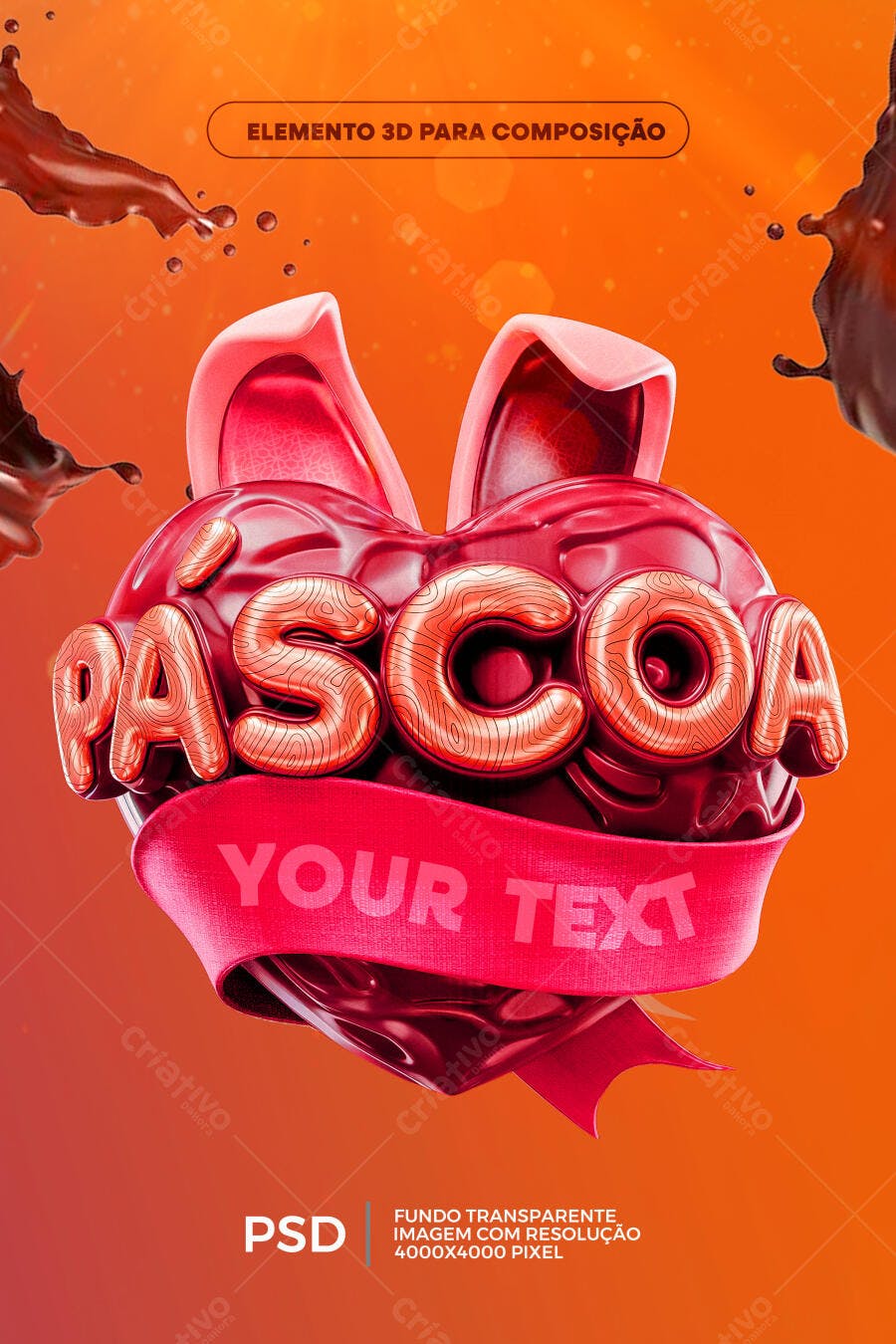 Design 3D Páscoa Orelhas de Coelho e Texto Dourado PSD Editável