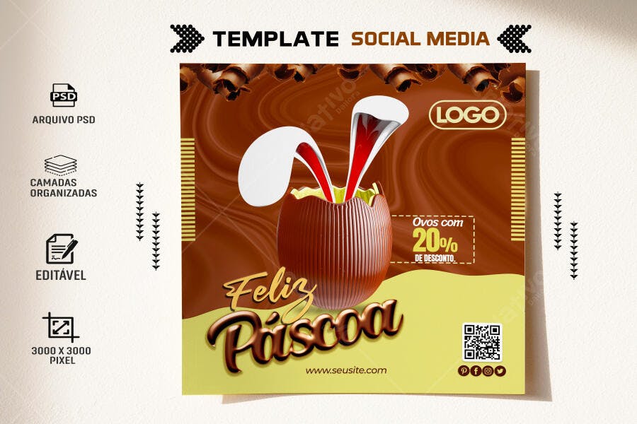 Flyer Feliz Páscoa Ovos com 20% Desconto PSD Editável