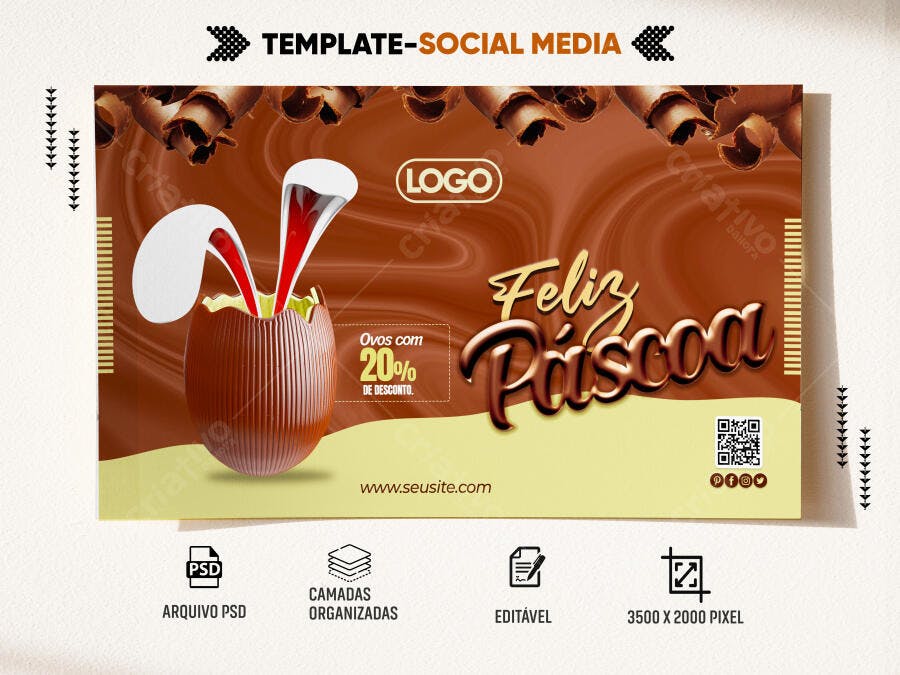 Flyer Páscoa Chocolate Ovos Desconto 20% PSD Editável