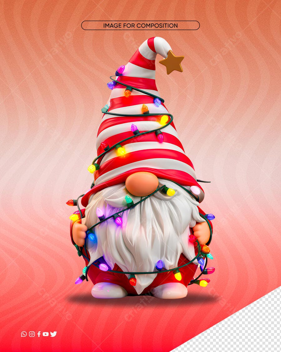 Ilustração 3D Gnomo Natalino com Luzes PSD Editável