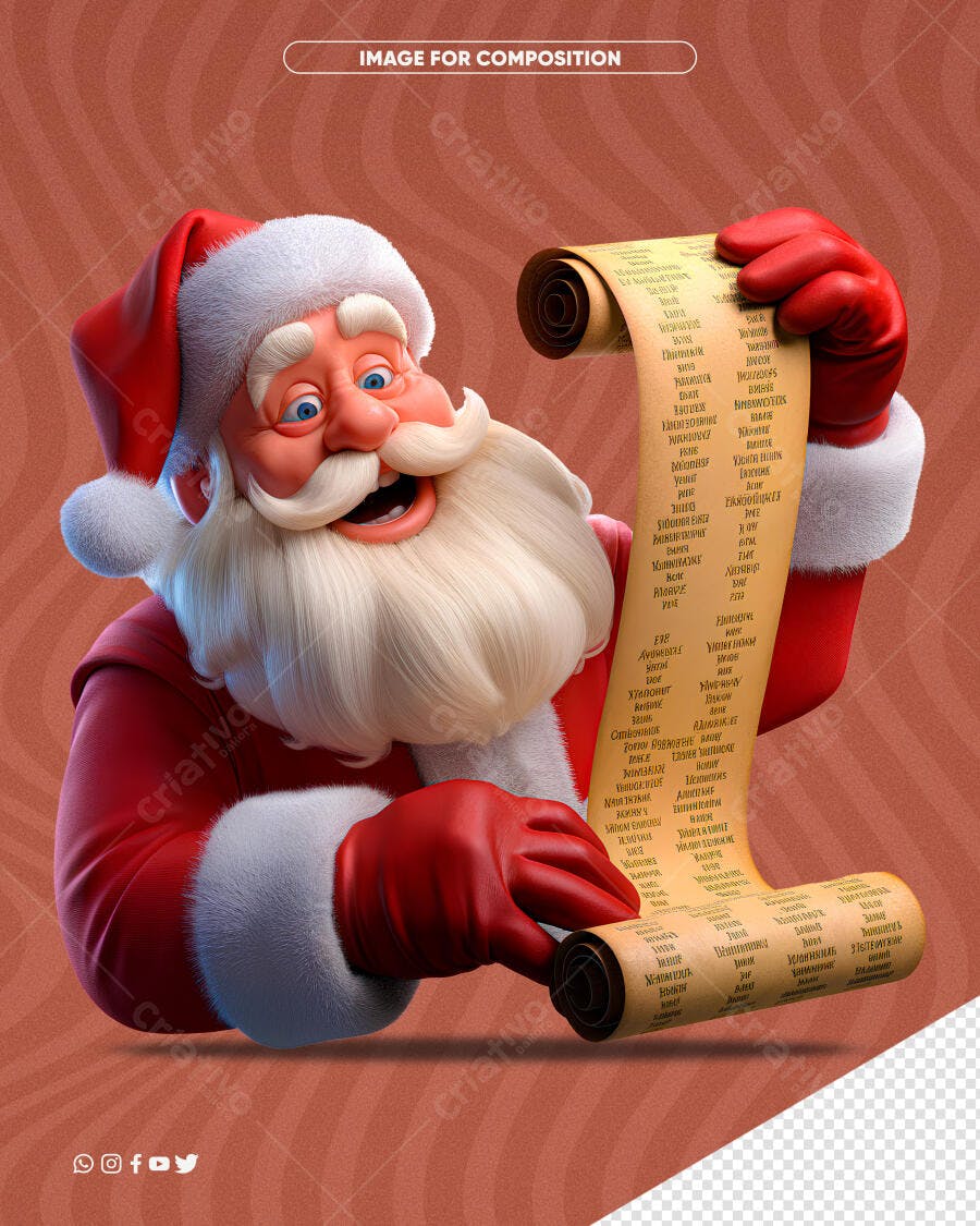 Recurso 3D Papai Noel com Lista de Presentes Natal PSD Editável
