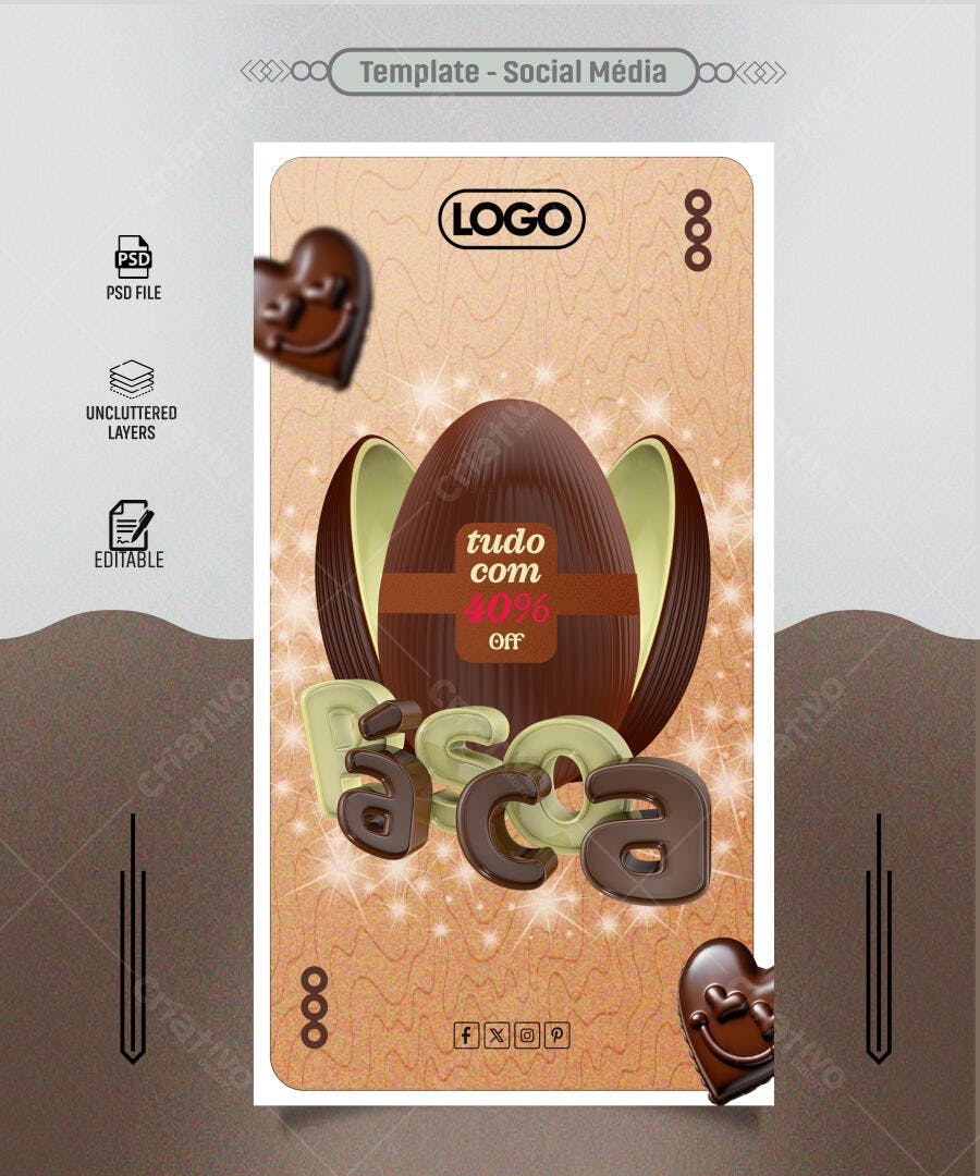 Post de Instagram para Páscoa 40% OFF Ovo de Chocolate PSD Editável