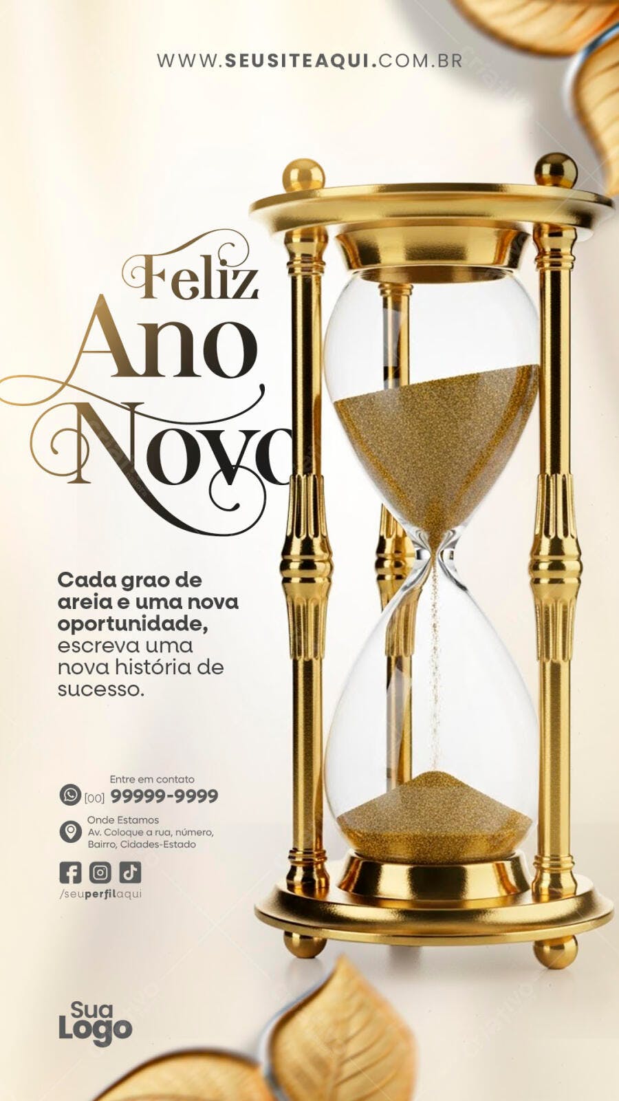 Flyer Feliz Ano Novo Ampulheta Dourada PSD Editável