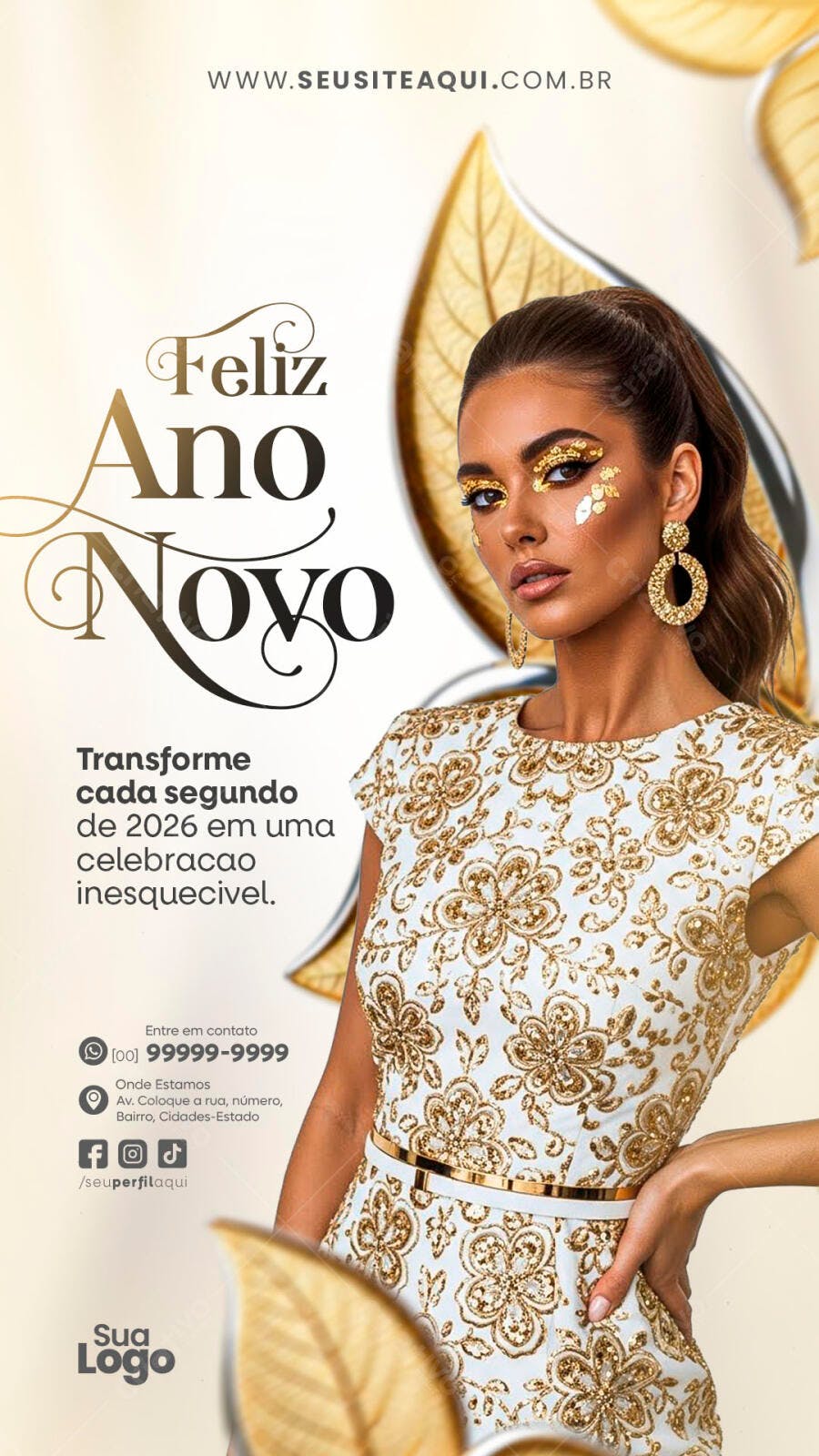 Flyer Feliz Ano Novo Glamouroso 2026 com Modelo Gold Psd Editável