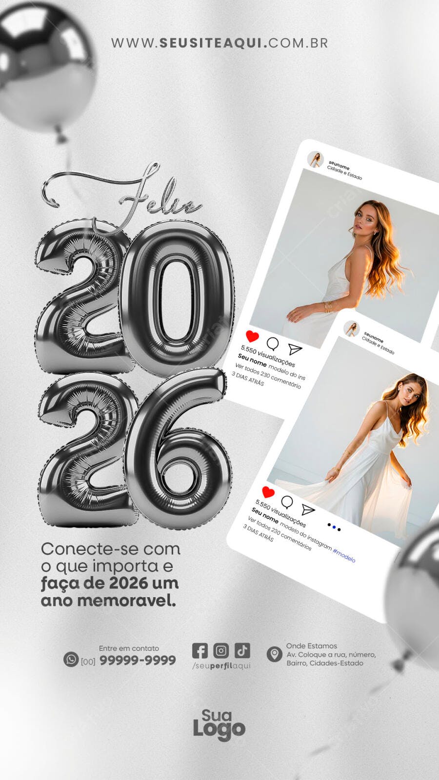 Post Instagram Ano Novo 2026 Balões Prata Mensagem Positiva PSD Editável