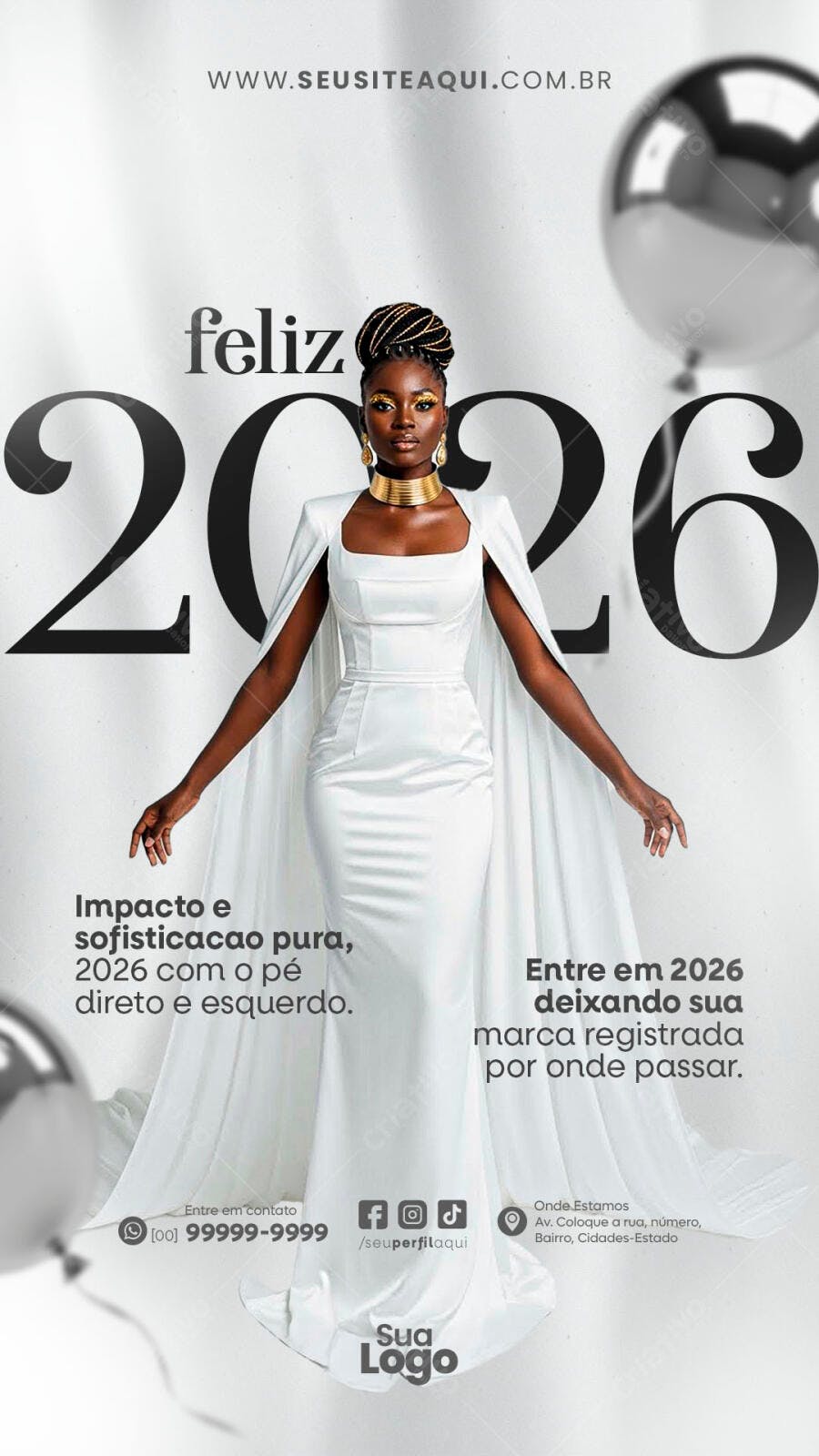 Flyer Feliz 2026 Mulher Preta Elegante Vestido Branco PSD Editável