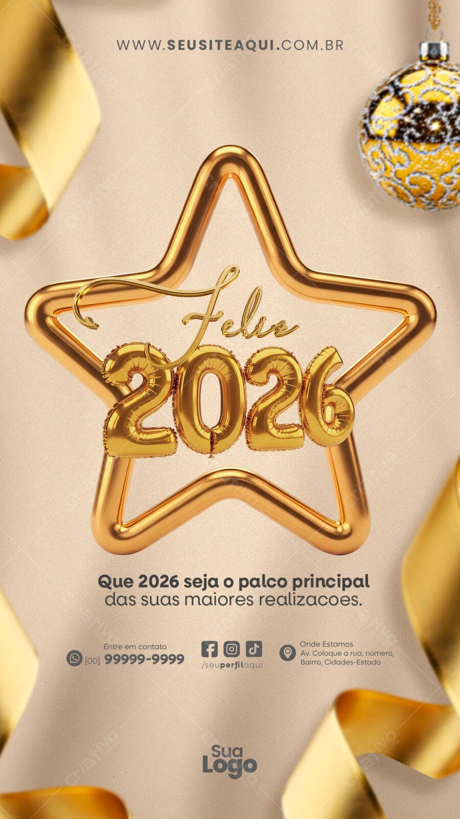 Post para Feliz Ano Novo 2026 com Estrela Dourada PSD Editável
