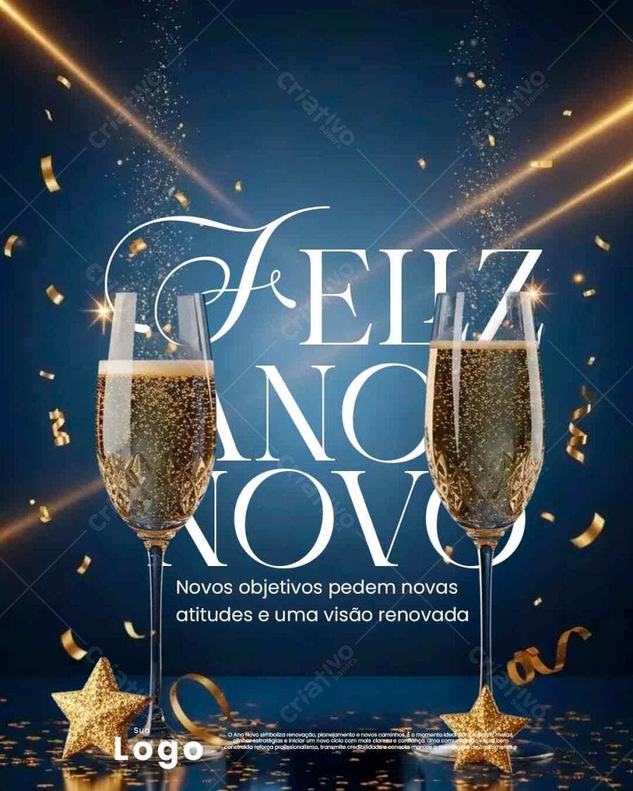 Flyer Feliz Ano Novo Champanhe Brinde Confetes Dourados PSD Editável