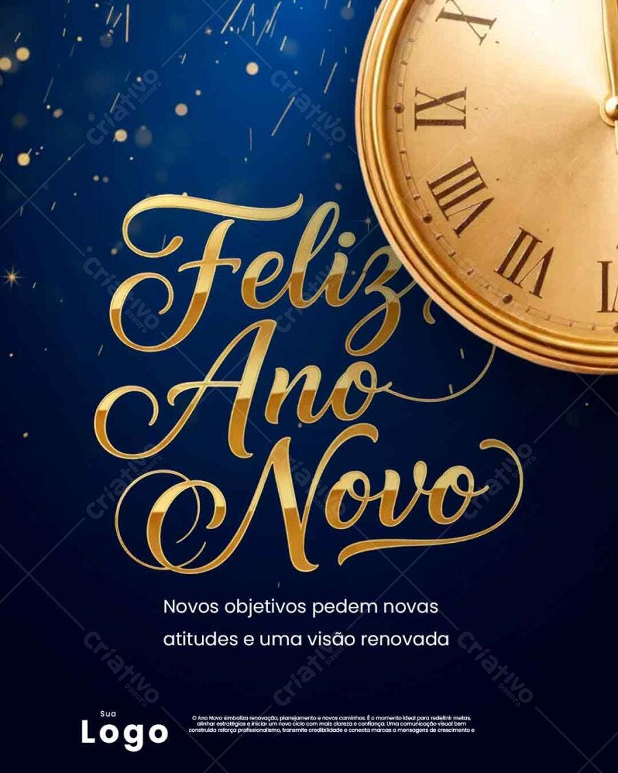 Flyer Feliz Ano Novo Azul Dourado e Relógio PSD Editável